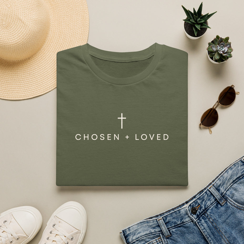 Chosen + Loved Christian T-Shirt — Minimal Cross Faith Graphic Tee