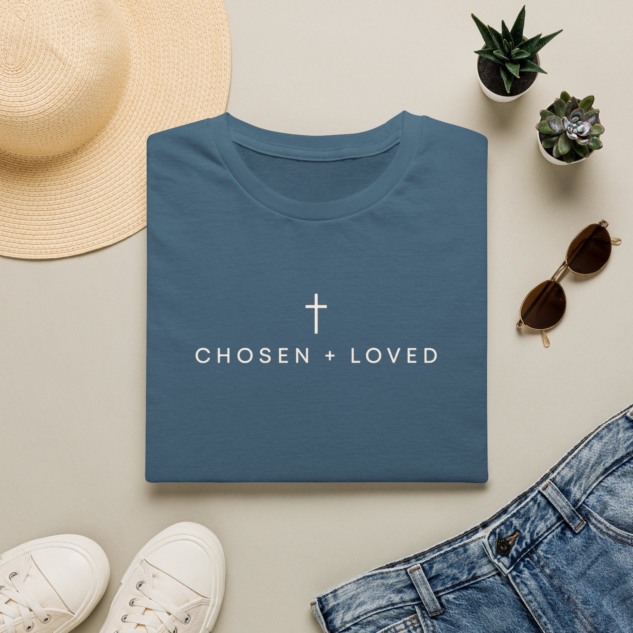 Chosen + Loved Christian T-Shirt — Minimal Cross Faith Graphic Tee