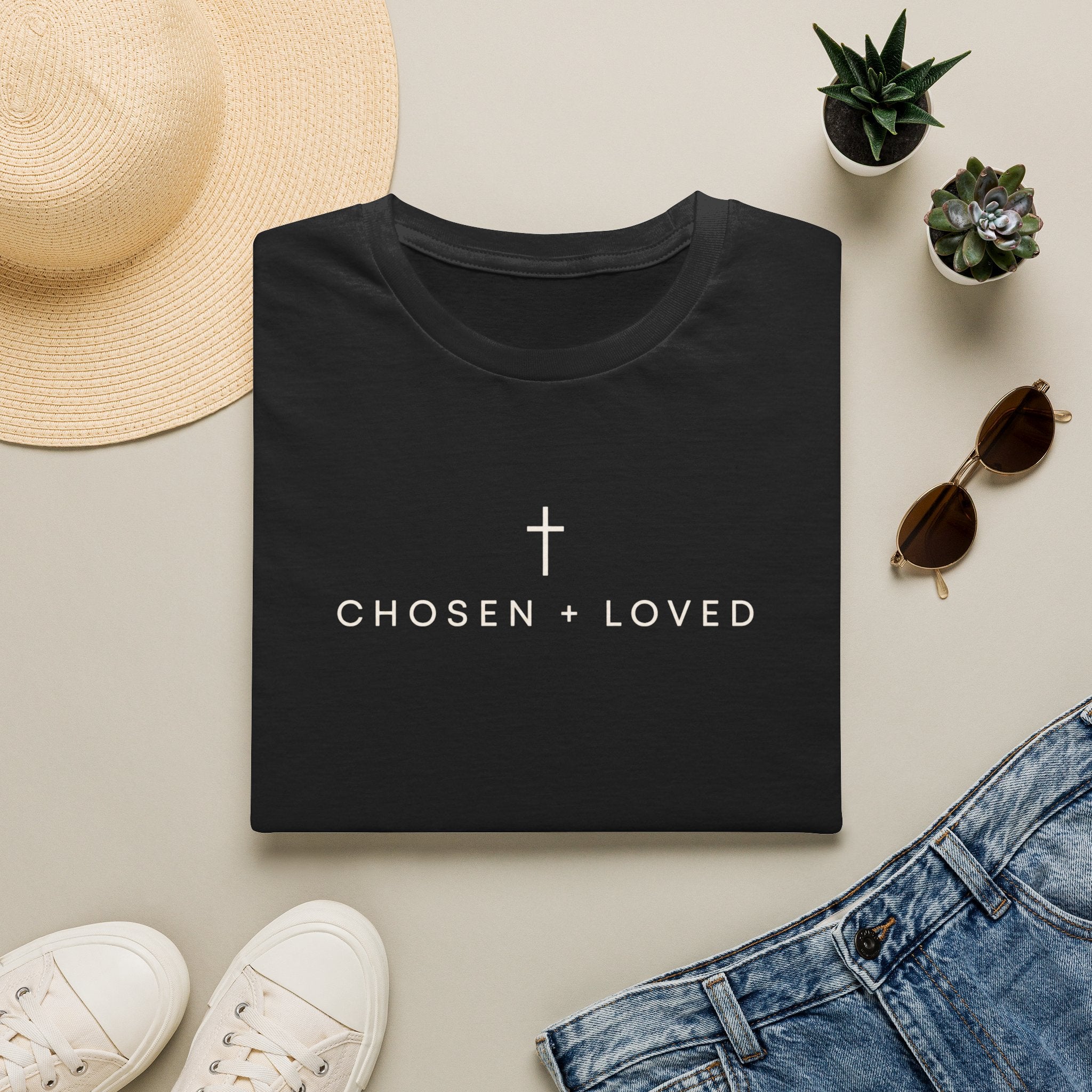 Chosen + Loved Christian T-Shirt — Minimal Cross Faith Graphic Tee