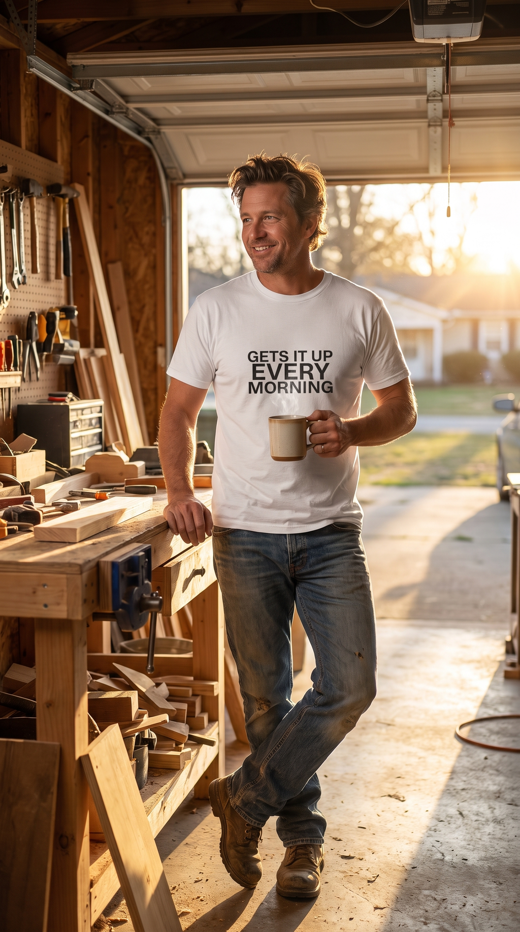 Gets It Up Every Morning | Funny Dad Tee