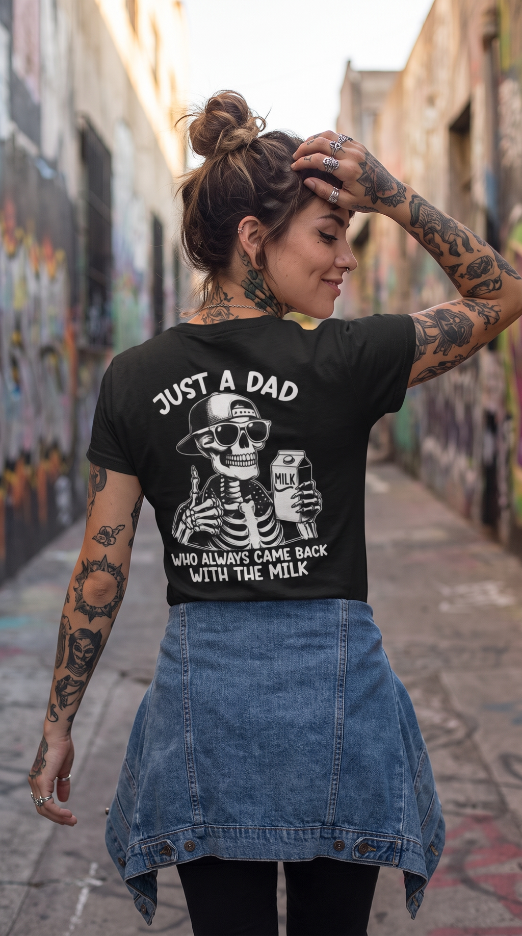 Just a Dad Who Came Back With Milk | Skeleton Rock Hand Tee